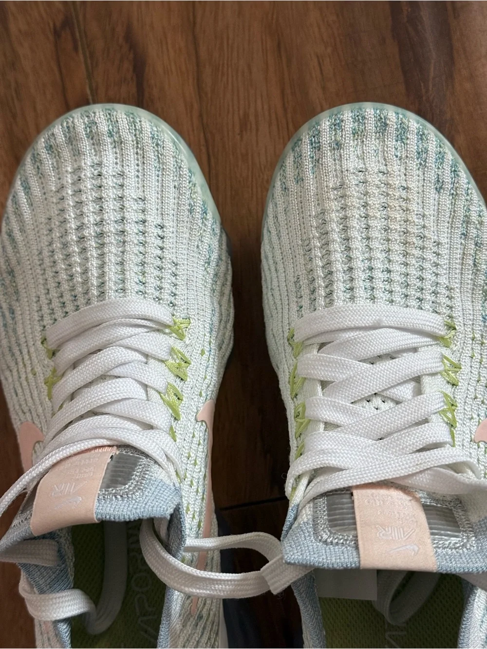 Nike VaporMax Flyknit 3 Sneakers in White/Light Blue with Pink Swoosh